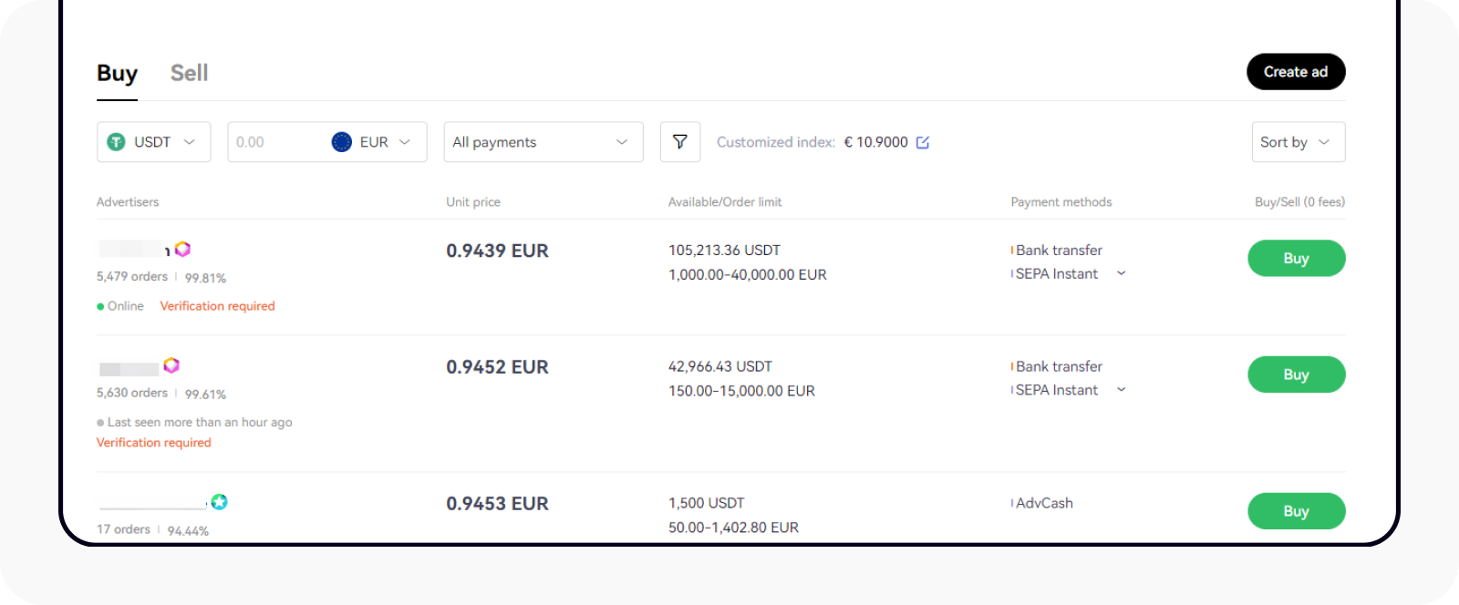Captura oficial de compra P2P de USDT en OKX